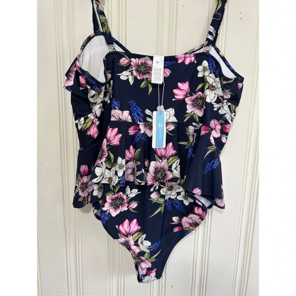 NWT Cupshe Womens 4X Navy Blue Floral Ruffle Lace Up One Piece Swimsuit Beach - Picture 2 of 7